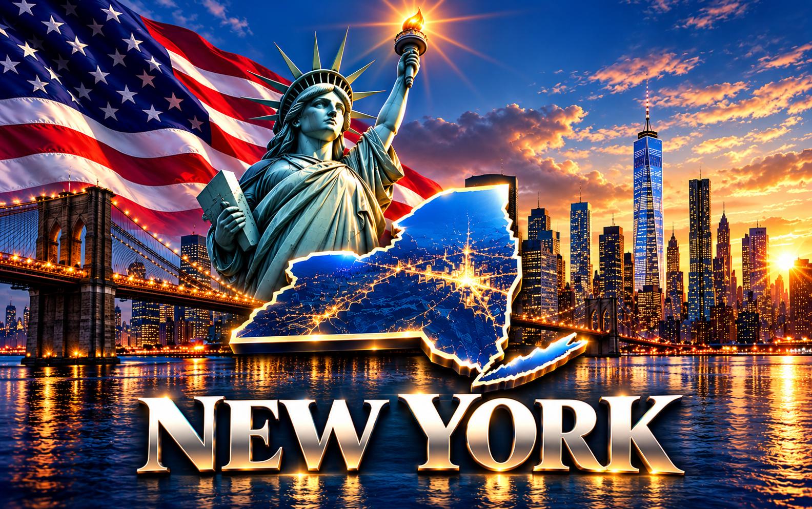 New York skyline with the Statue of Liberty and the state map